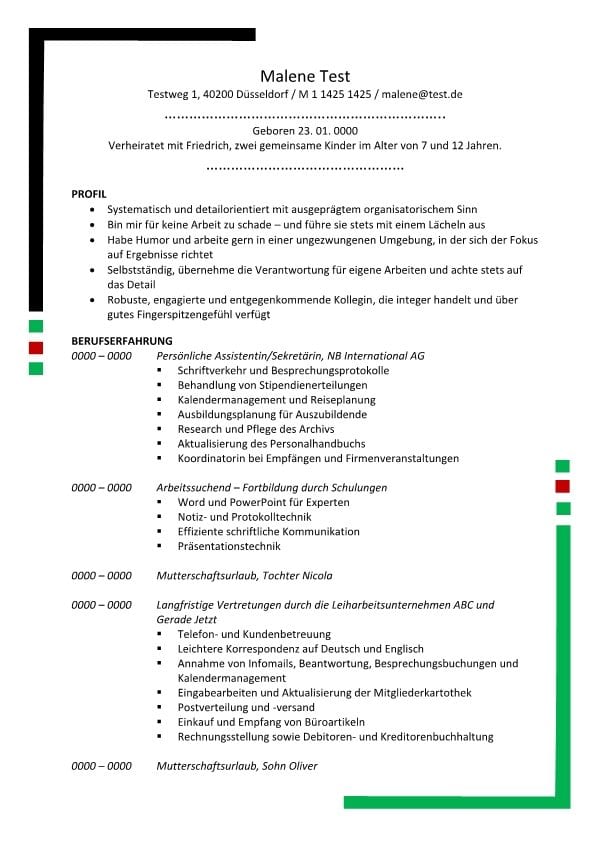 Lebenslauf Persönliche Assistentin - Sekretäring mit Profil 2 Seiten - Grün