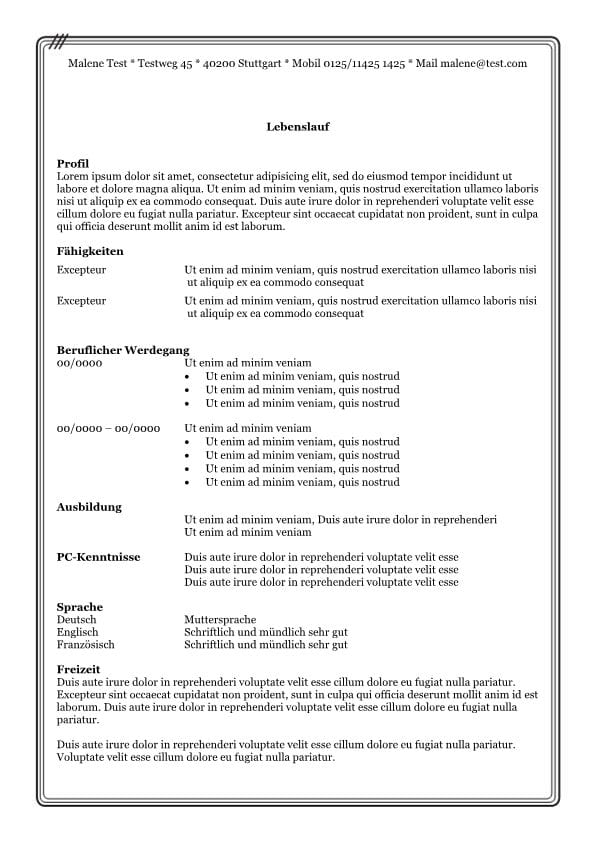 Lebenslauf Vorlage Mit Schwarzen Schriftfarbe Und Rahmen Cv Bewerbung