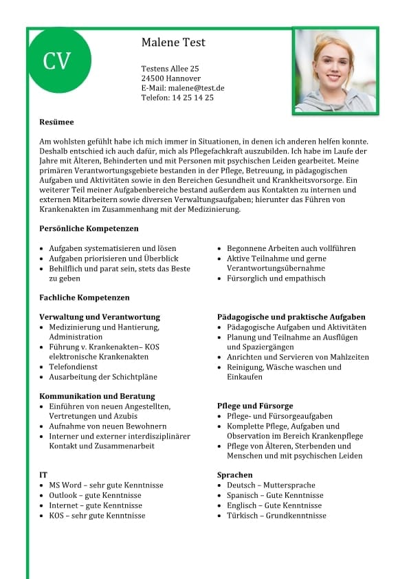 Lebenslauf Kompetenzen Mit Fachlichen Kompetenzen Grün 2 Seiten